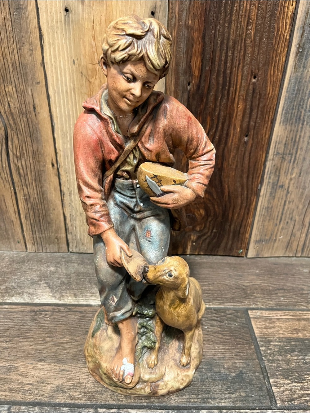 Hand-Painted Boy and Dog Home Art Sculpture - Brown and Red